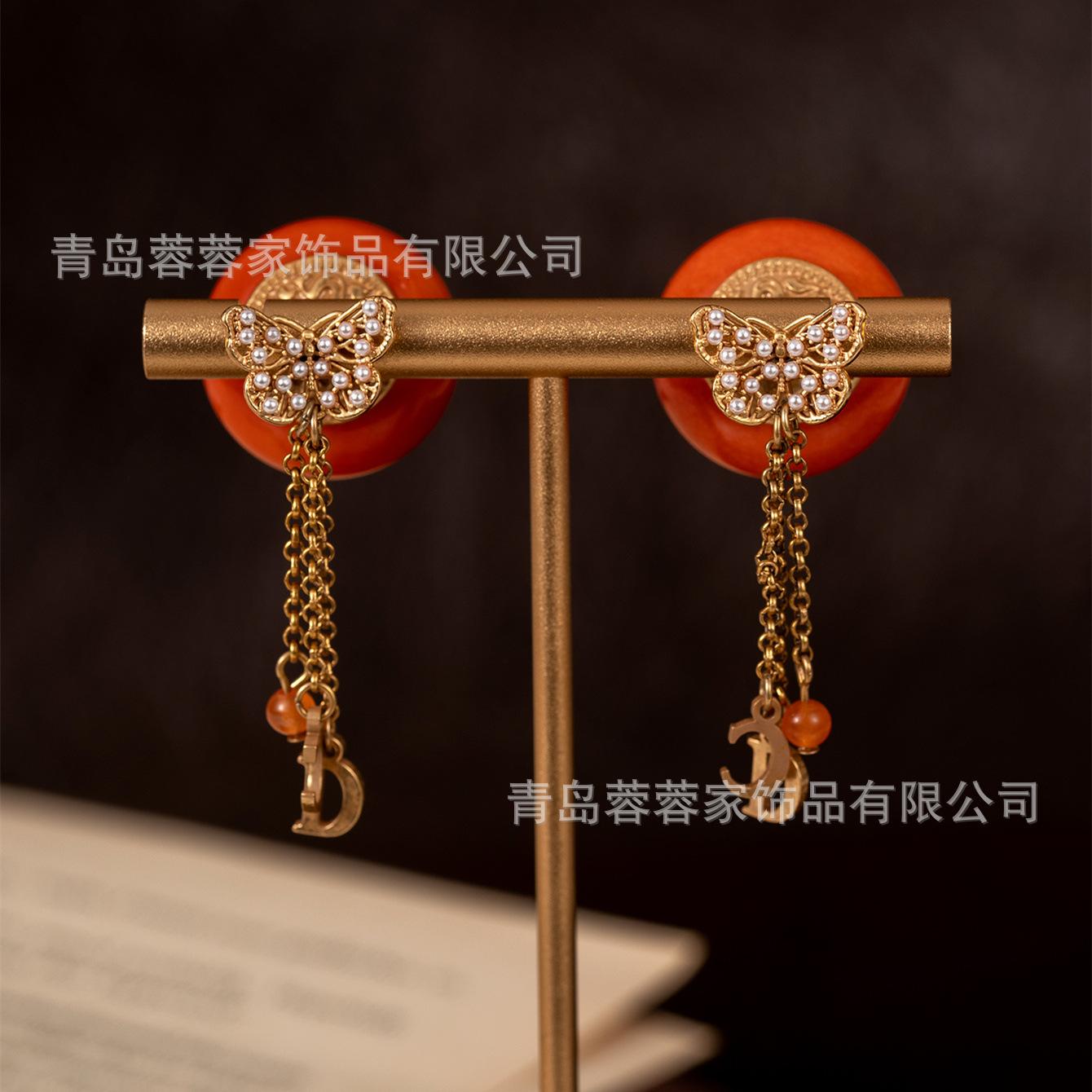 Hot Chinese Antique Style Red Round Butterfly Double-sided Earrings Long High-end Temperament Atmospheric Elegance оранжевый