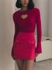 Heart Cut Out Ribbed Knit Tops for Women Autumn Elegant Flare Sleeve Sexy Slim Tops Basic Pullovers Streetwear