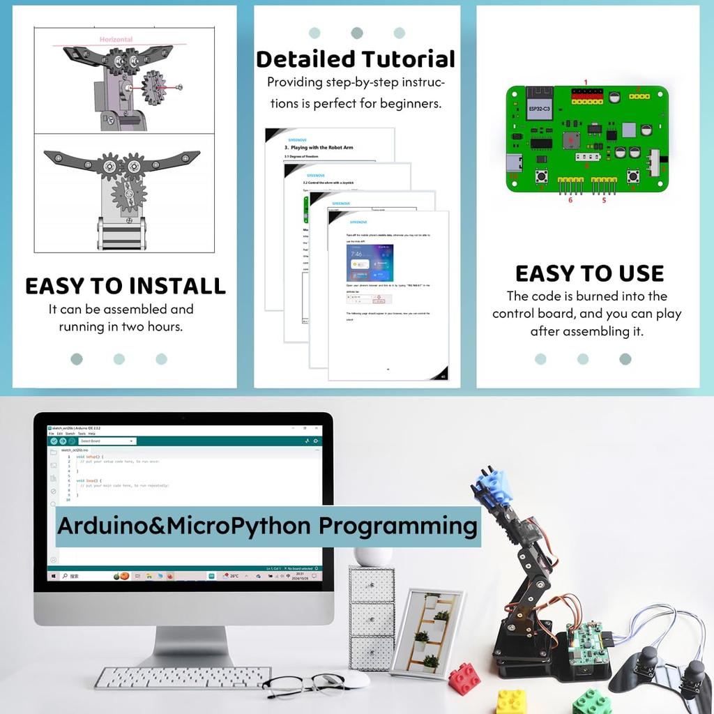 SIYEENOVE ESP32 Robot Arm Kit for Arduino & MicroPython with Japanese PDF Instruction Manual, Robot Arm Joystick and Web App Control, Portable 4DF Edu