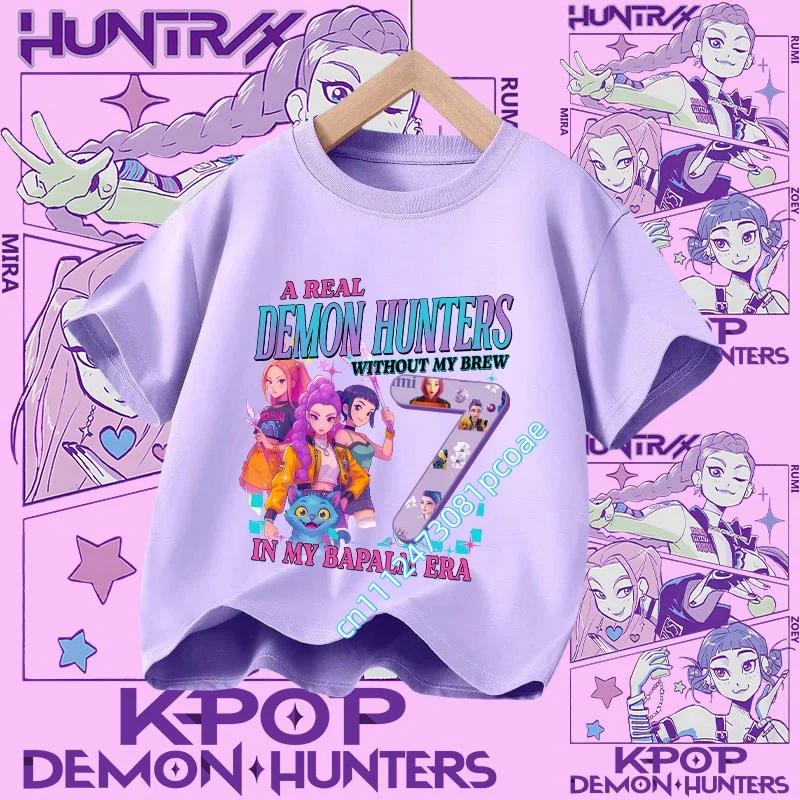 New K Pop Demon Huntersd T-shirt for Children Cartoon Birthday Number Printed T Shirts Girls Short Sleeves Tops Kids Clothing