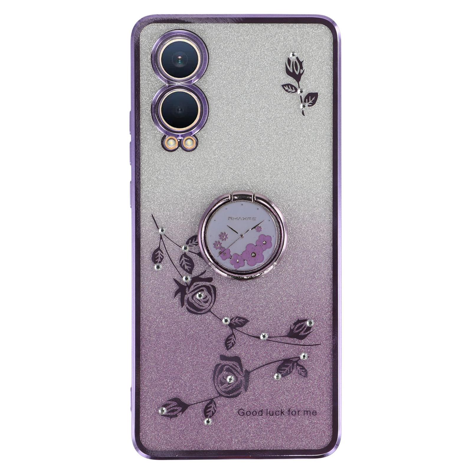 

For OnePlus Nord CE4 Lite 5G Case Ring Kickstand TPU Flowers Phone Cover Gradient Glitter Purple