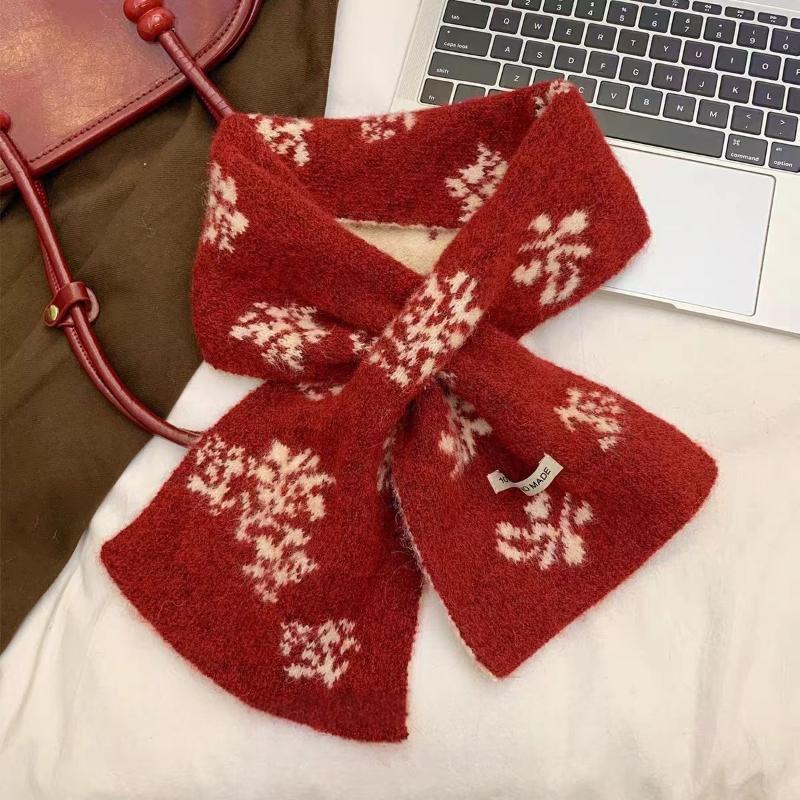 Autumn Winter Cross Knitted Scarf Short Women S Warm Scarf Fashion Retro Red Color New Year Scarf Neck Cover A5