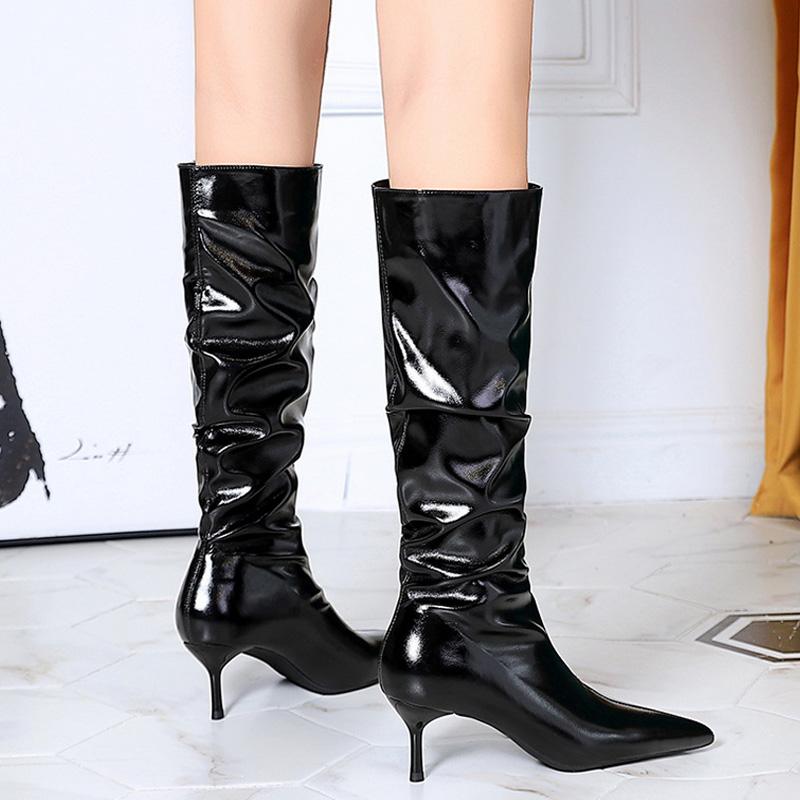 Autumn winter shoes knee-high boots Women patent leather Ladies' boots Stiletto Heels 5.5 cm Women Wrinkled tube Long boots New