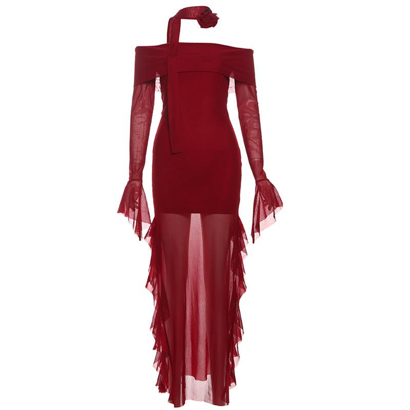 Autumn Women's Solid Color Slim-fit Fashion One-line Collar Long-sleeved Slit Dress