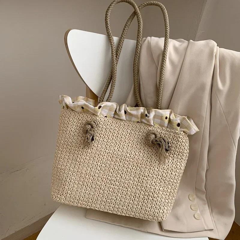 Summer Grass Woven Bag Women's Trendy Korean Edition Casual Large Capacity Western Style Handbag Woven Shoulder Bag