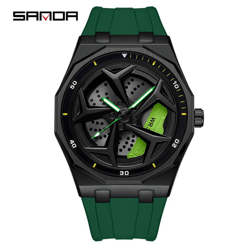SANDA Men's Waterproof Luminous Polygonal Quartz Watch with 3D Rotating Dial and Silicone Band