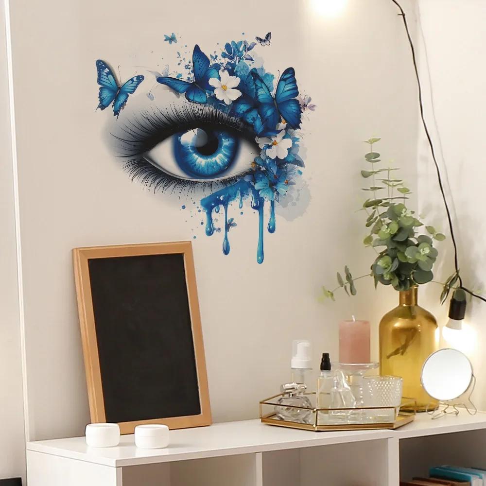 Blue Tearful Eye with Butterfly Wall Art Aesthetic Self Adhesive Vinyl Sticker for Bedroom Living Room Decor