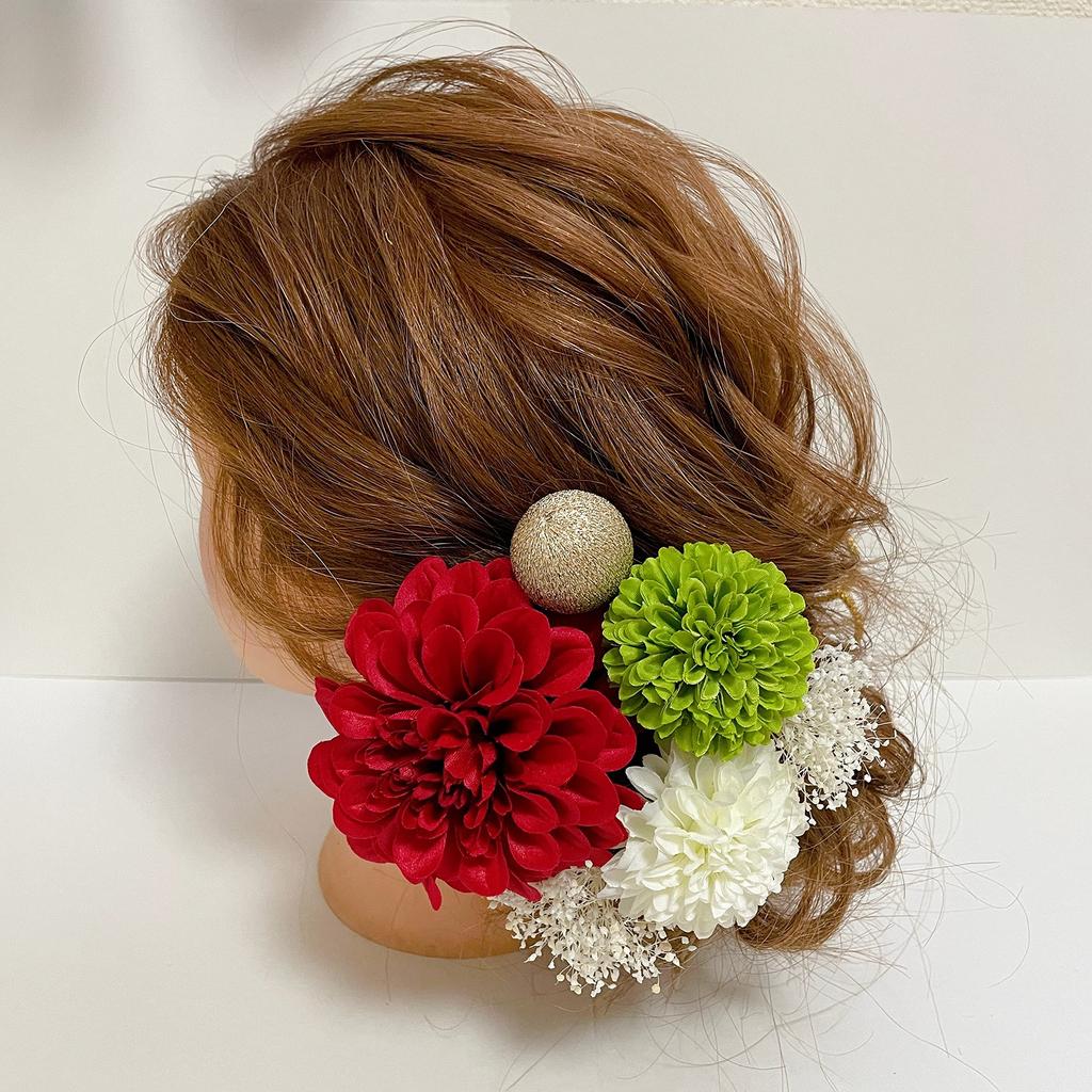 Ceremony Hair Kimono Hairpin with Red Ping Pong and Perfect for and Bridal Coming-of-Age Ornament, Dahlia, Mum, Baby's Breath, Tassel, Graduations,