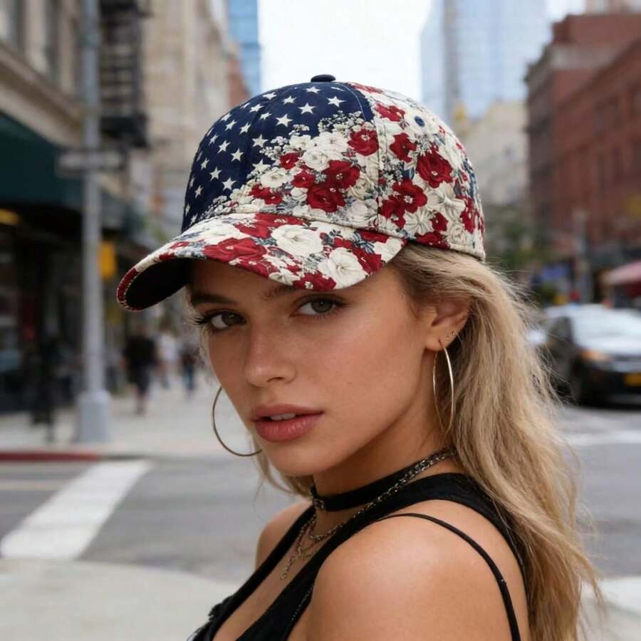 Floral And Star Print Adjustable Baseball Cap For Adults, Casual Sun Protection Dad Hat