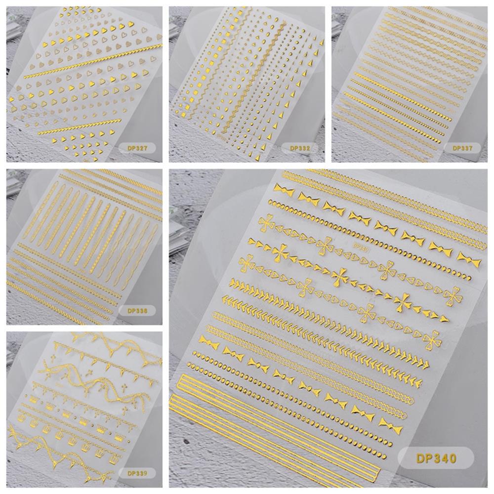 Decal Heart Bow Gold Stripes Nail Art Stickers Geometric Patterns Metal Chains Water Transfer