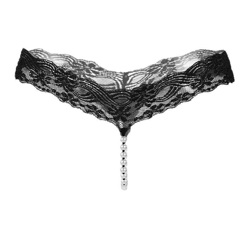 Crotchless Lace Pearl Massage Thong: Sexy Transparent Temptation Panties