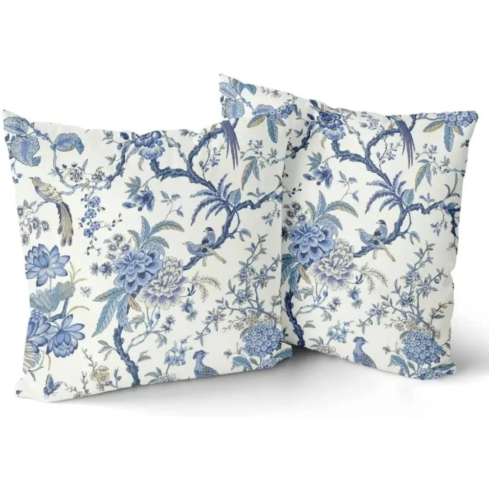 Chinoiserie Kissenbezüge Set aus 2 Stück Blau und Weiß Außen Bule Vögel Blumen Wurf 18x18 Zoll Baumwolle Quadratisch Kissenbezug