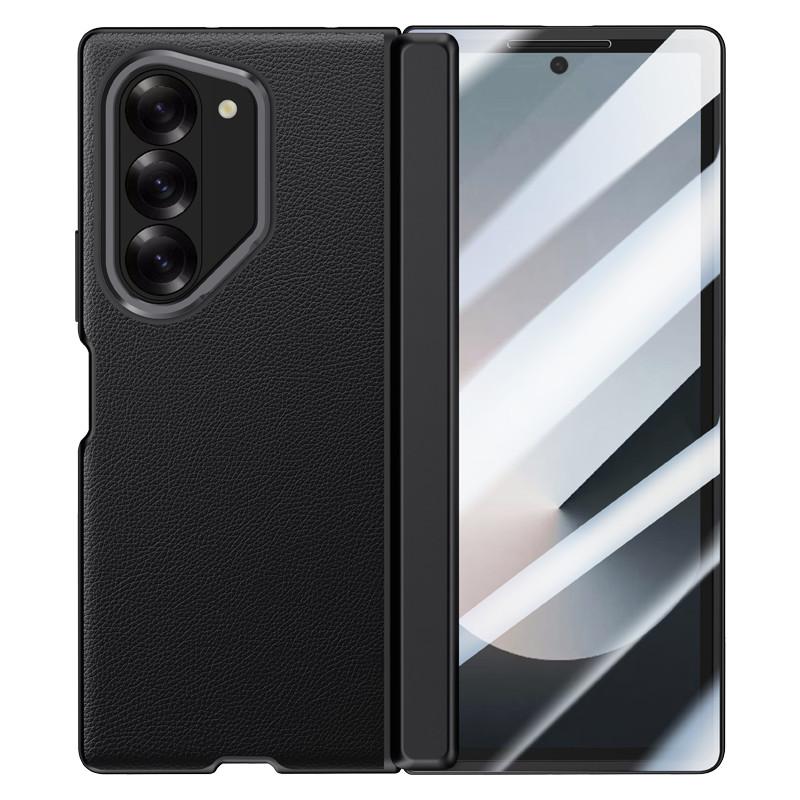Magnetic Metal Ring Bracket Phone Case for Samsung Galaxy Z Fold 6 5G with Lens Stand Skin Feel Leather Hinge Protective Cover