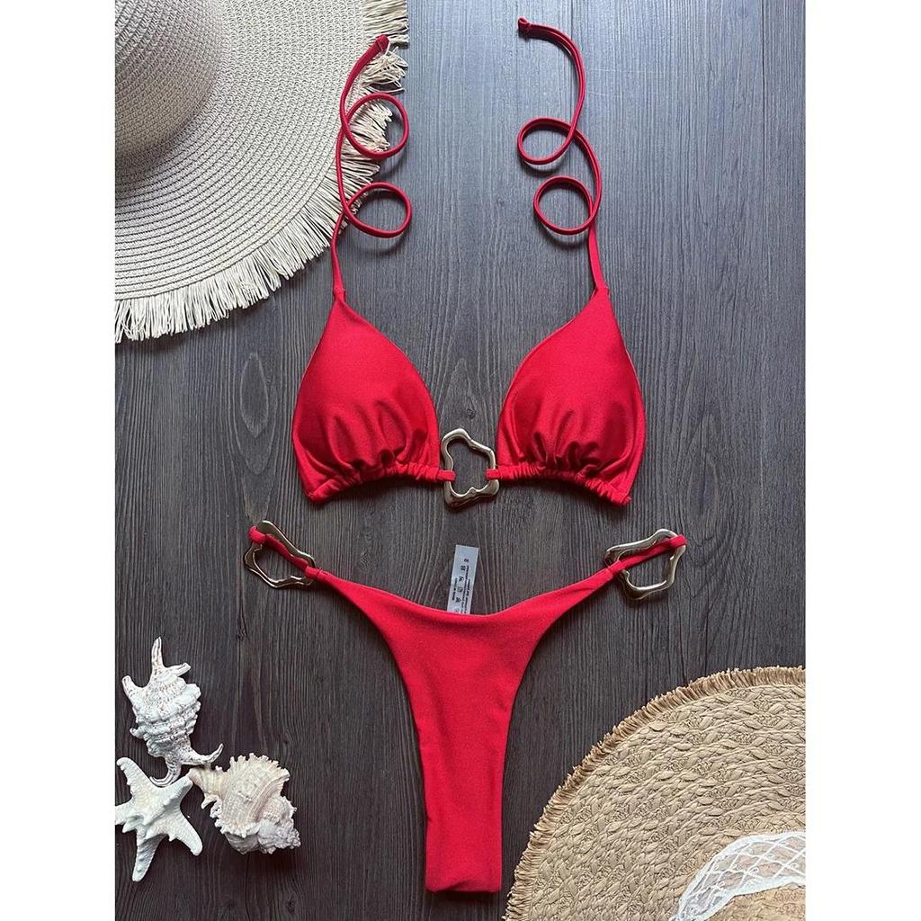 Shiny Metal Ring Halter Mini Thong Bikini Women Swimwear Two-Pieces Bikini Set Female Swimsuit Bather Bathing Suit Swim