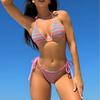 Bikini-Set für Damen, gestreift, Blockfarbe, Bademode, zweiteilig, Neckholder, Schnürung, Strandmode, weiblicher Tanga, sexy Badeanzug