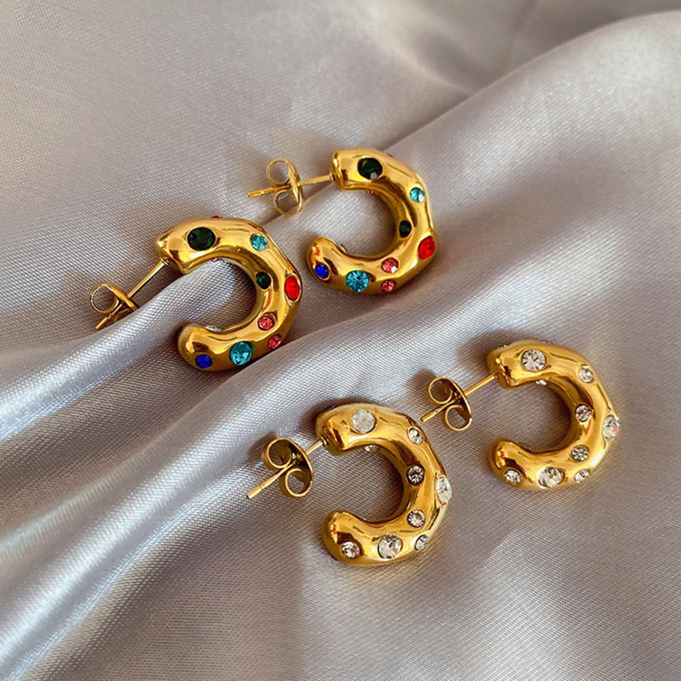 New Chunky Stainless Steel Gold Plated Earrings For Women Irregular Pearl Zircon Paved Thick Statement Earring Jewelry