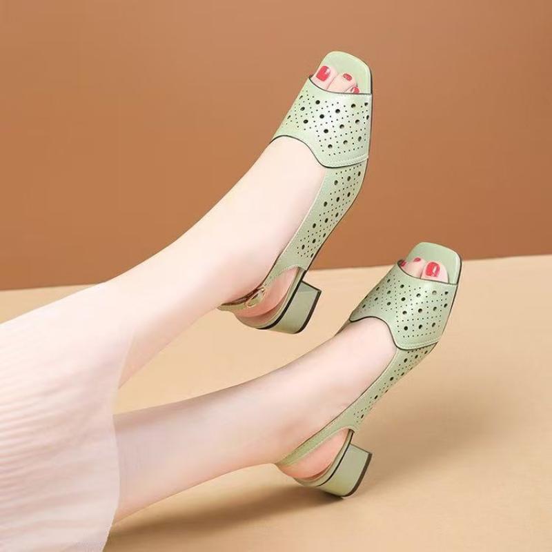 Versatile Thick Heel Fashionable Hollow Fish Mouth Sandals for Women Summer Mid Heel Buckle Sandals