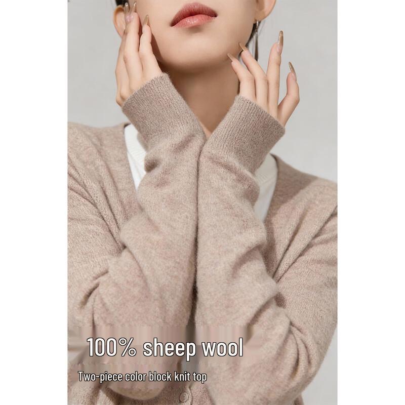 Demana 100% Merino Wool Faux Two-Piece Color Block Sweater M