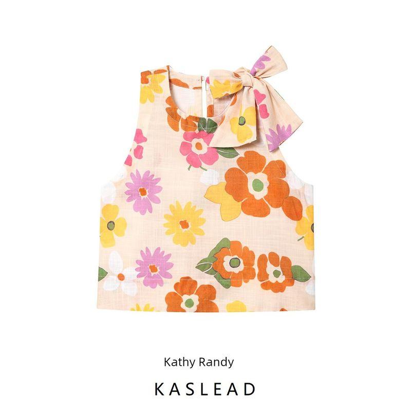 Kaslead New Women Clothes Western Style Fashion Bow Lace-up Sleeveless Imitation Linen Print Top Vest
