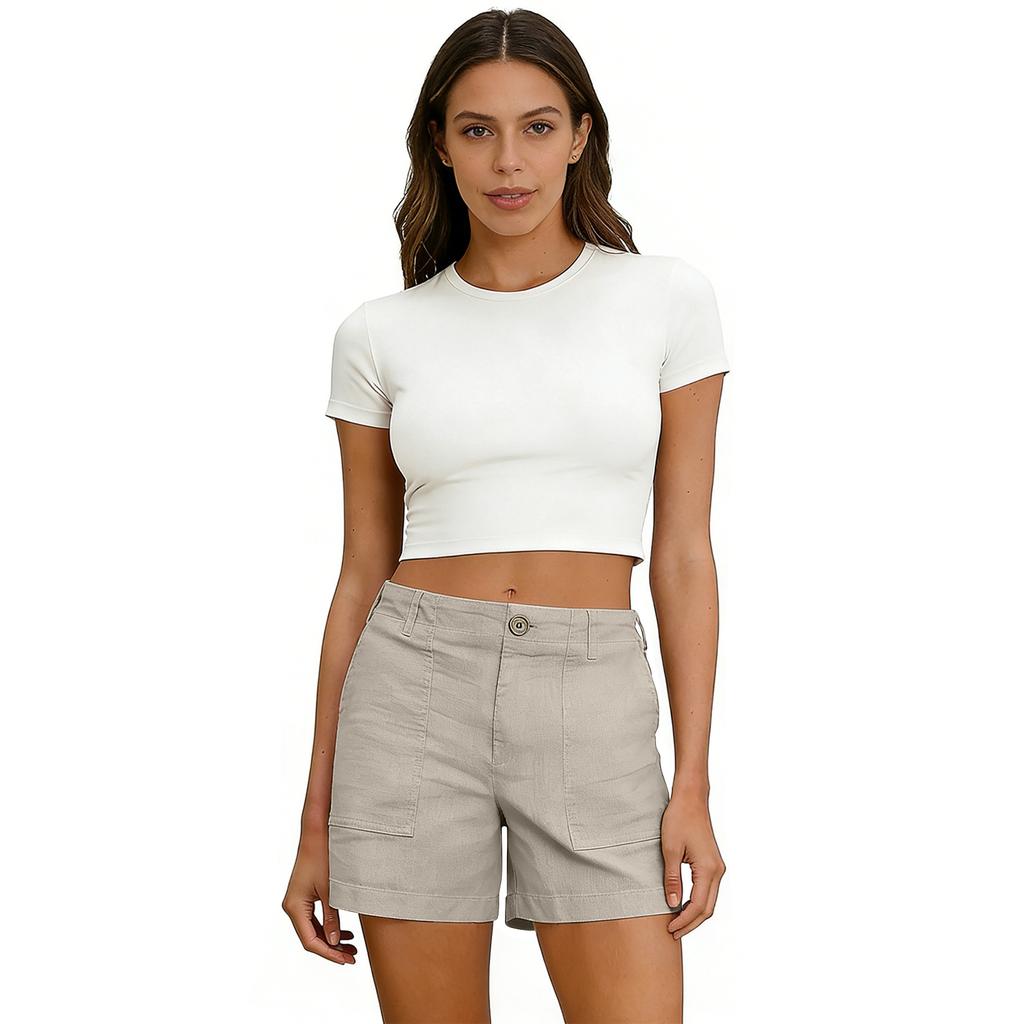 Women's Soft Cotton Linen Shorts Pockets Soft  Button Closure No Zipper Slim Fit Shorts
