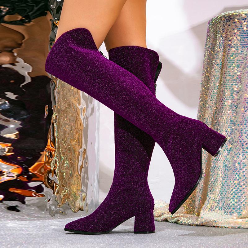 Fashion Liyke Runway Catwalk Fashion Sequined Thigh High Boots Women Purple Pointed Toe Zip Over The Knee Shoes Autumn Winter Low Heels