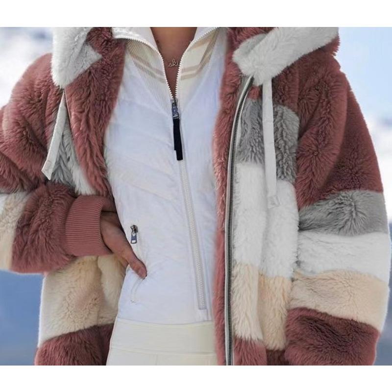Multi-color Splicing Short Loose Plush Hooded Jacket Women