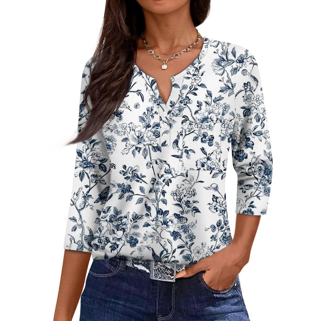 Damska Codzienna Modna Dekolt V Luźna Wszechstronna Kwiatowy Wzór Rękawy Trzyczwarte