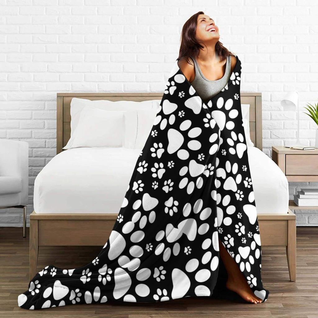 Black and white dog paws Printed Blanket for Sofa Bed Travel Camping Living Room Office Conditioning Blanket