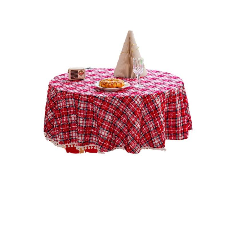 Christmas Snowflake Plaid Tablecloth Cotton Linen Blend Table Cover With Pom Poms Holiday Dining