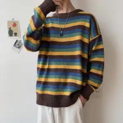 Pullovers de punto a rayas de colores contrastantes coreanos para hombre, casuales, holgados, de otoño invierno, cuello redondo, manga larga