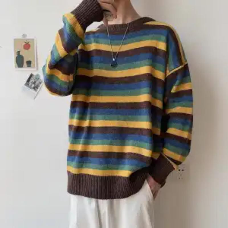 

Корейские пуловеры в полоску контрастных цветов, вязаные, мужские, повседневные, свободные, осенне-зимние, с круглым вырезом, с длинным рукавом M кофейный