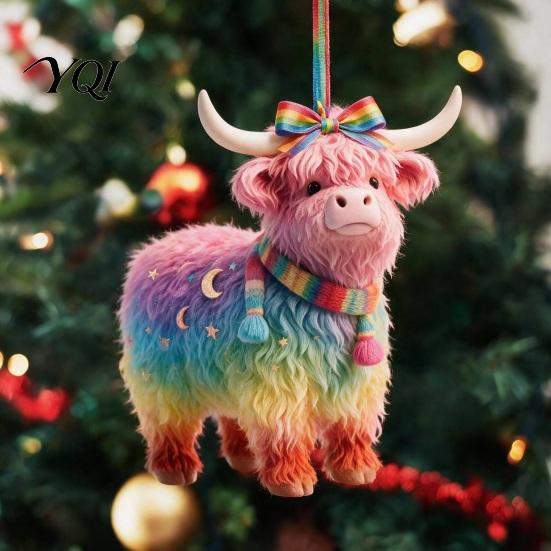 Cute Animal Pendant for Holiday Party Highland Yak Ornament Christmas Tree Hanging Decor, 2D Flat Acrylic Ornaments with Gold String Festive