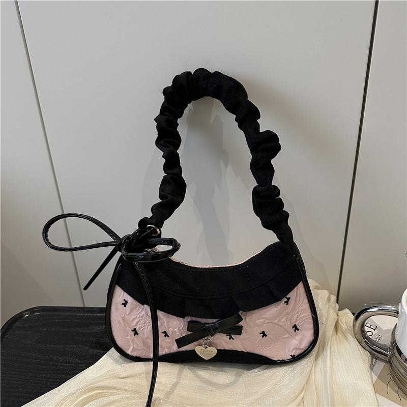 

Sweet Lace Bow Prints Ladies Shoulder Bags Women s Contrast Color Lightweight Underarm Bags Pleated Design Female Hobos Handbags