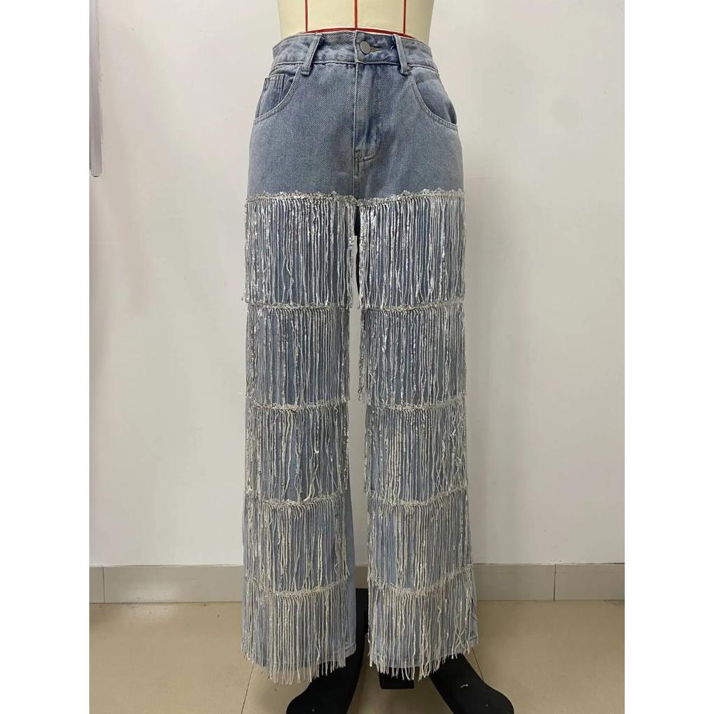 VIONA Women Sequins Tassel Wide Leg Blue Denim Pants Streetwear Party Vintage High Waist Jeans Trousers