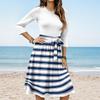 Women's Fashion Casual Waistband Seven Sleeve Round Neck Striped Flowy Dresses