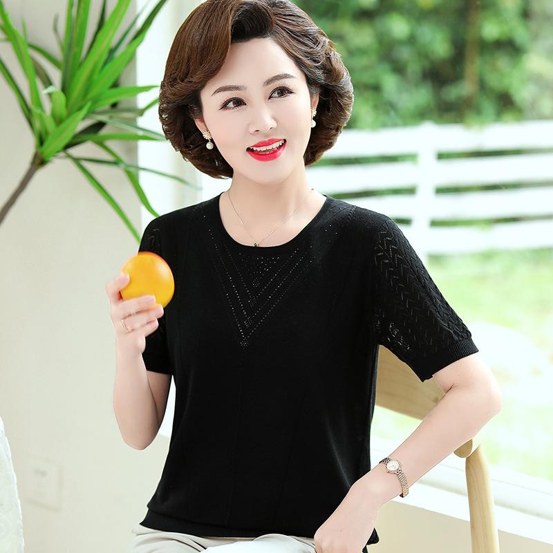 

Mother s Day Ice Silk Short-Sleeve Knit Top for Middle-Aged Women 2026 5XL (recommended 150-165 jin) чорний