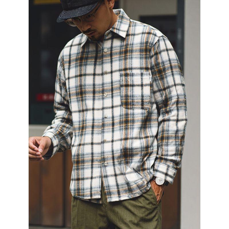 American Retro Flannel Brushed Loose Plaid Shirt Men's Spring and Autumn Jacket Foreign Trade Men's Casual Plaid Shirt