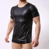 Men T-shirt Short Sleeve Elastic Faux Leather Undershirt Muscle T-shirt for Party