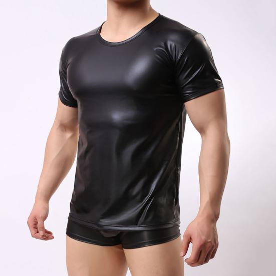 Men T-shirt Short Sleeve Elastic Faux Leather Undershirt Muscle T-shirt for Party