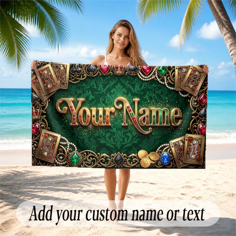 Cards Casino Theme Quick Dry Beach Towel Custom Name Text Print Large Sand Resistant Towel Beach Vacation