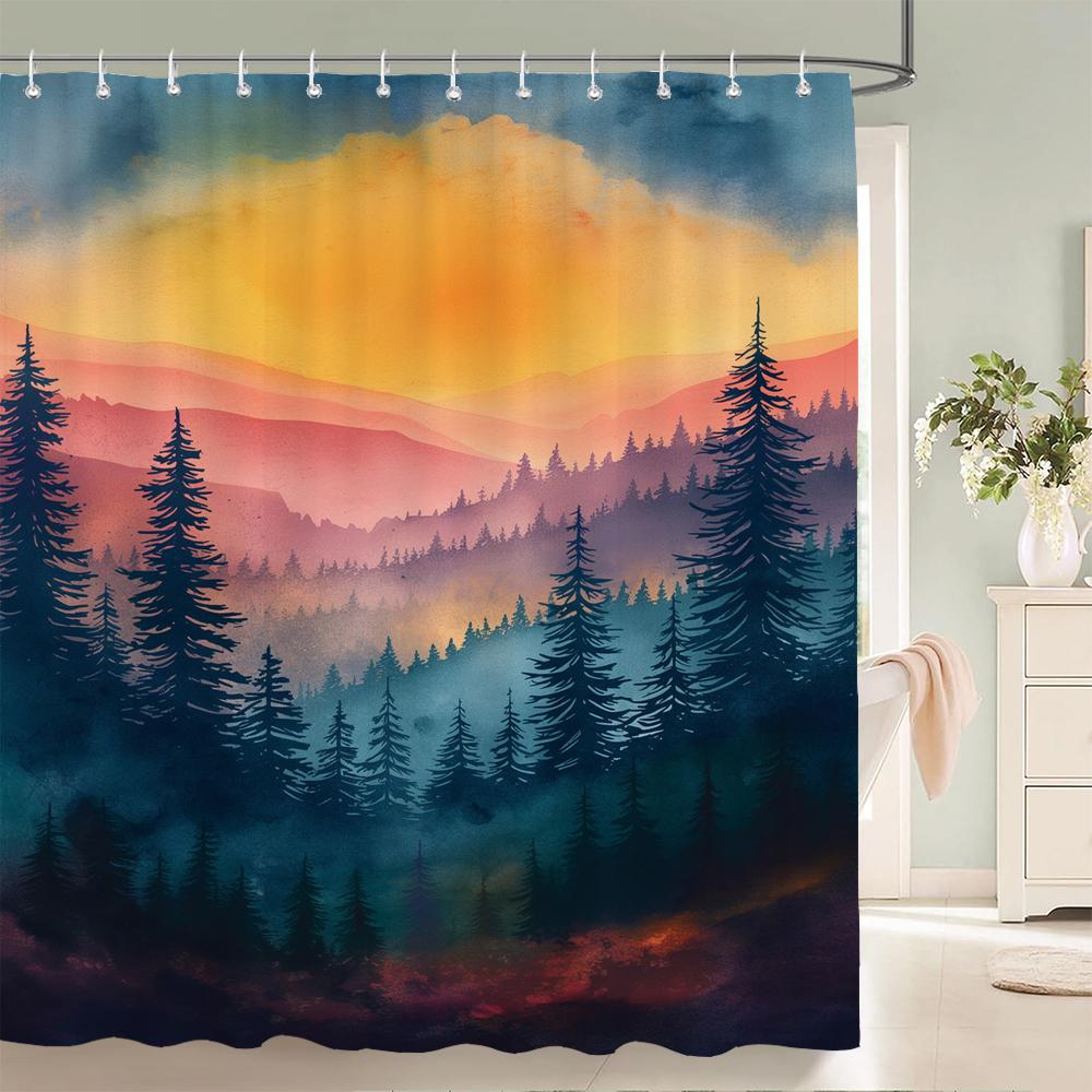 1Pcs Watercolor Landscape Printed Fabric Waterproof Shower Curtain, Bathroom Decoration Curtain, With Hooks