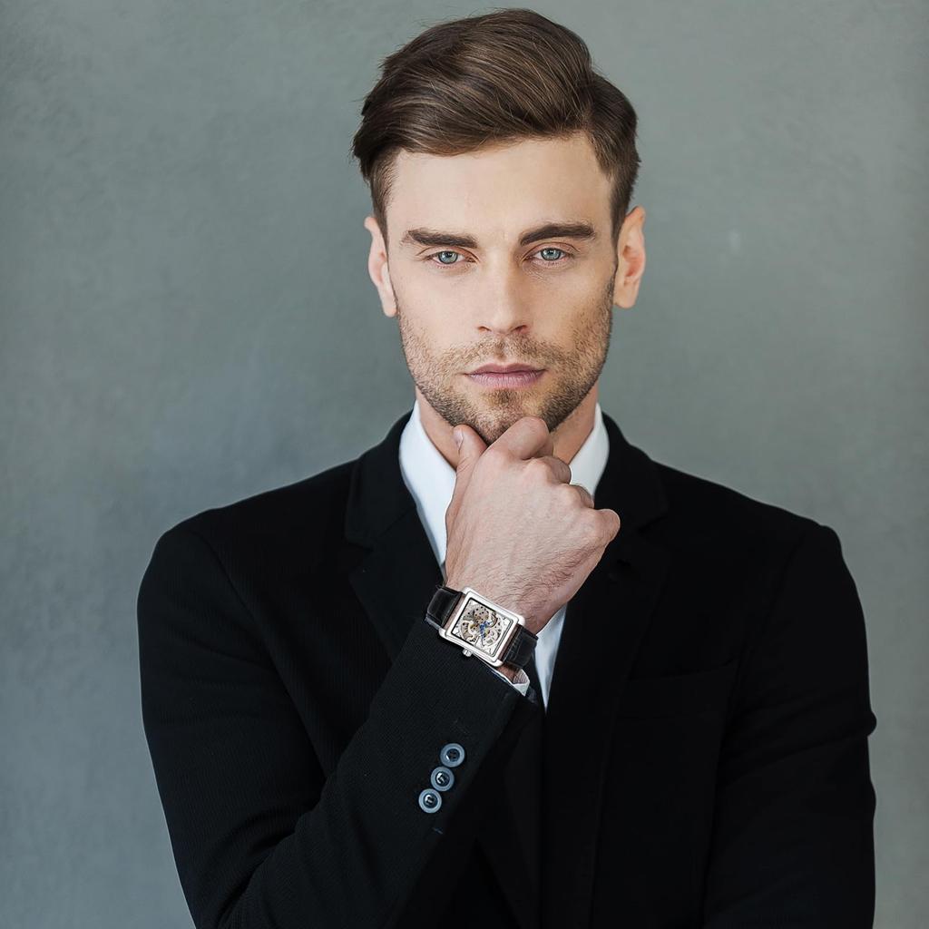Reloj Skeleton para Hombre, Automático, Correa de Cuero, Resistente al Agua, Estilo Antiguo, Analógico, Diseño Cuadrado, Accesorio de Moda, Día de San Valentín, Navidad,