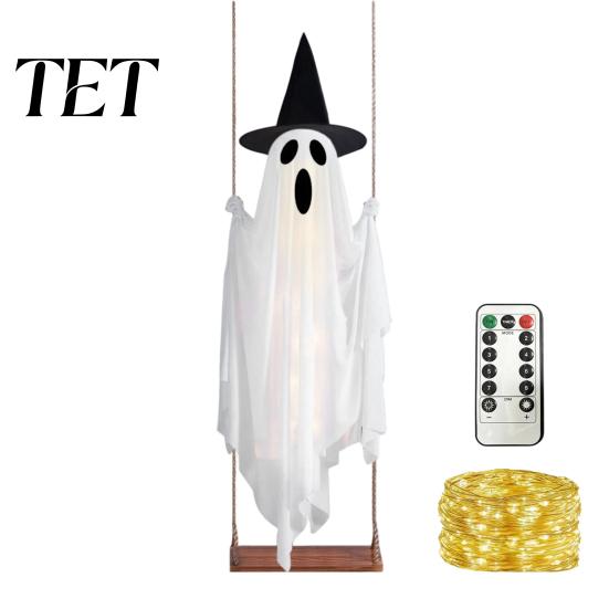 Altalena fantasma luminoso di Halloween con cappello da strega, altezza regolabile, Decorazioni per giardino festività spettrali controllate da telecomando, Luminosità,