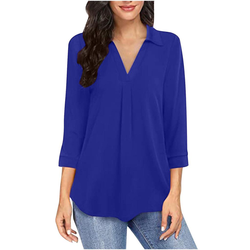 2025 Elegant Chiffon V-Neck Women's Shirt - Three-Quarter Sleeves, Solid Color
