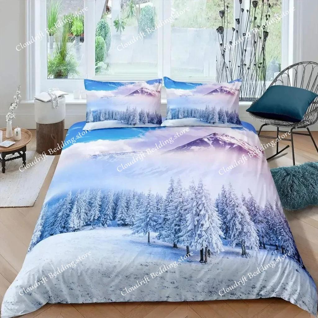 Snow Mountain Duvet Cover Set 3D Sea Waves Bedding Set Landscape King Size Comforter Cover Nature Scenery Polyester Quilt Cover