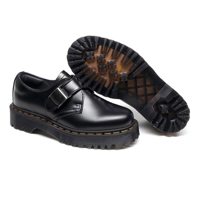 Buckle thick-soled low-top boots British style casual small leather shoes versatile students increase height and show thinness short boots women.