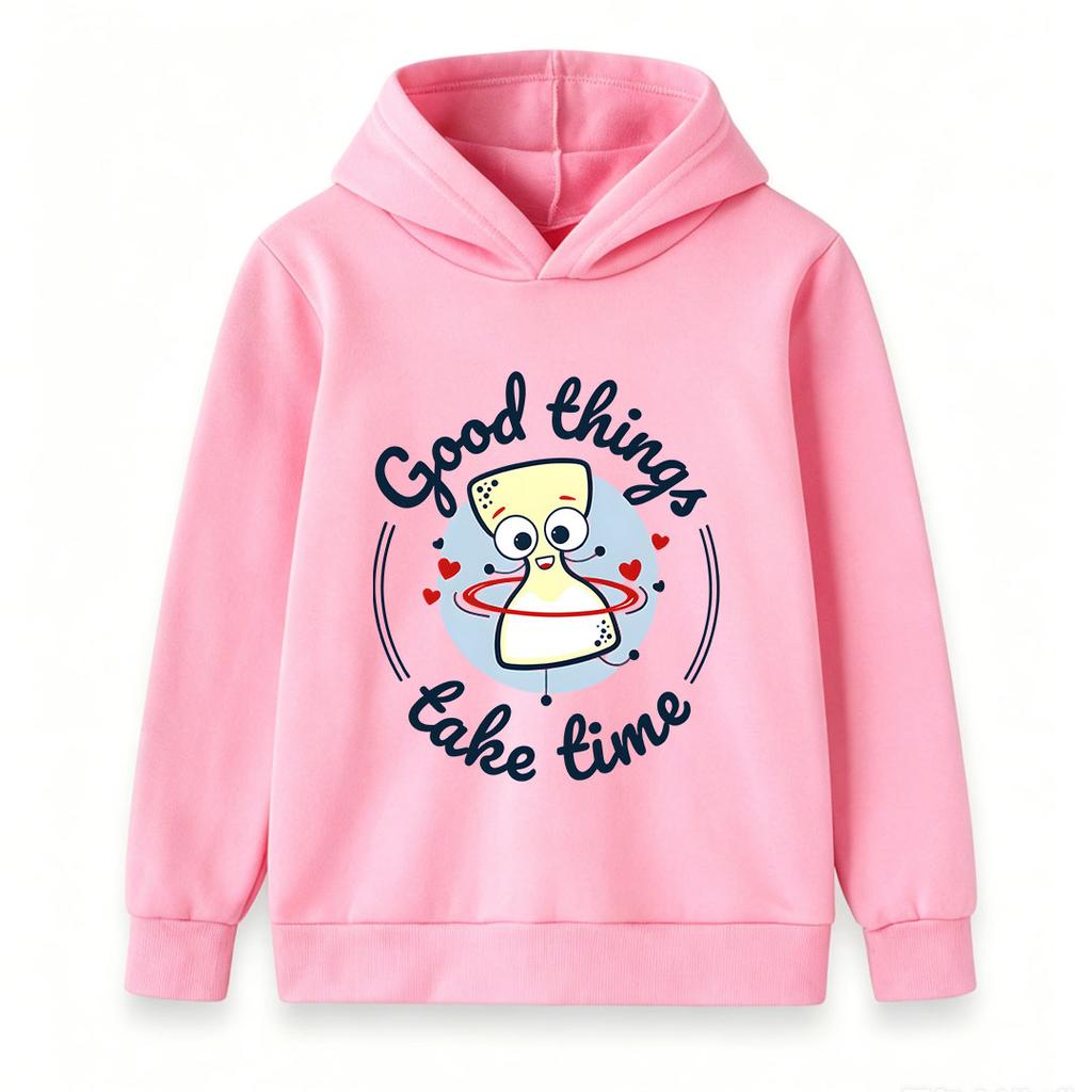 Kids Boys Girls Cute Screw Cartoon Graphic Hoodie, Good Things Take Time Print Casual Long Sleeve Pullover Sweatshirt for Children Daily Wear