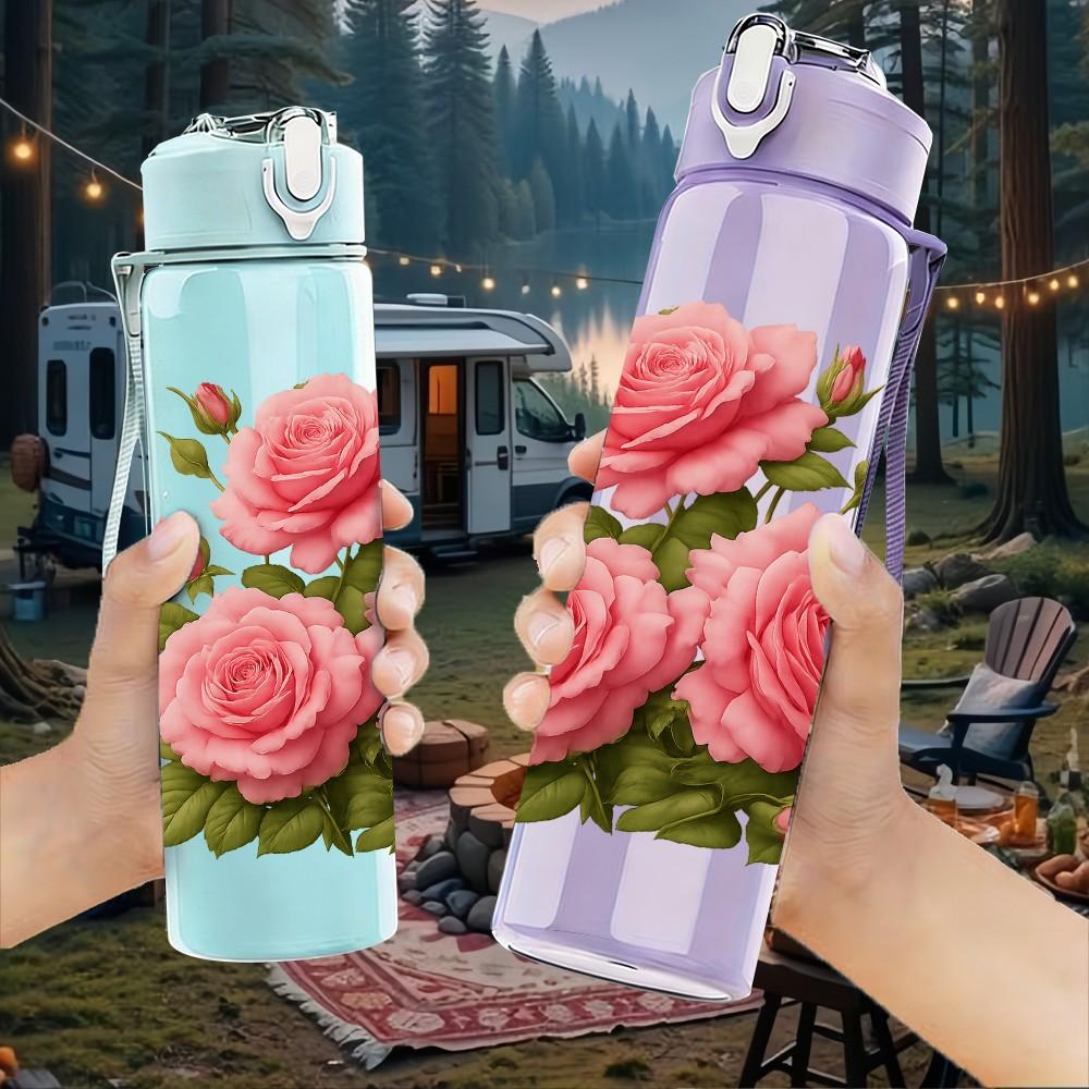1PC Pink Rose Bouquet Floral Print 750ml Color Plastic Sports Water Bottle Leakproof Flip Straw Lid Suitable for Sports Office Home Use