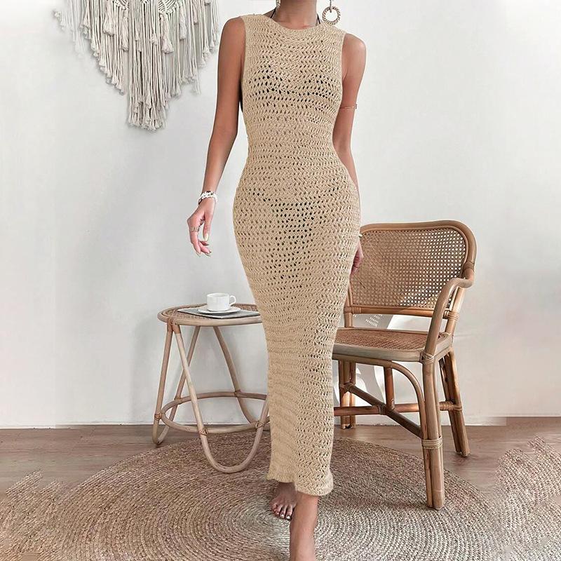 Knitted Hollow Out See Through Sexy Dress Fashion Sleeveless O Neck Summer Beach Dress Women Solid Elegant Casual Dresses Female 869