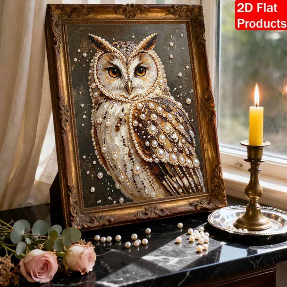 Elegant Owl Portrait 5D Pearl Painting Kit with Frame DIY Sparkling Bead Canvas Art Relaxing Craft for Girls Room Decor Aesthetic Gift